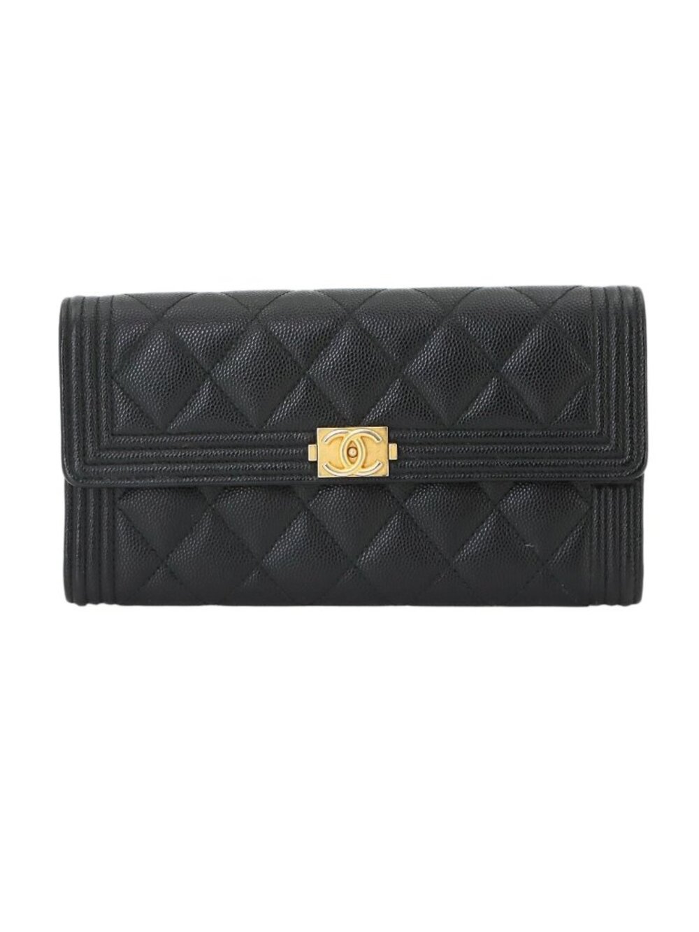 Chanel Boy Quilted Bifold Wallet Caviar Leather Black Gold